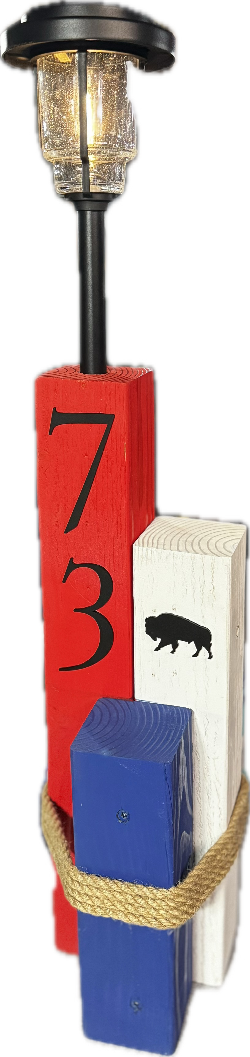 Custom Buffalo-Themed Address Post with Solar Light – Personalized House Number Decor
