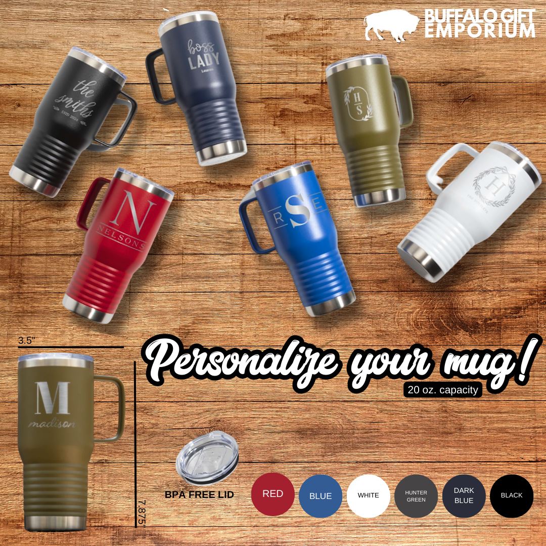 Personalized Engraved 20 oz. Travel Mug – Custom Insulated Coffee Tumbler with Handle & BPA-Free Lid