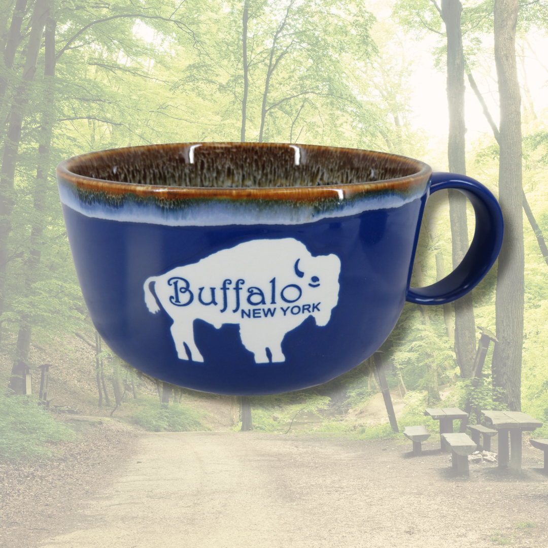 28oz. Stoneware Soup Mug - Blue with Brown Drip Rim - Buffalo, NY