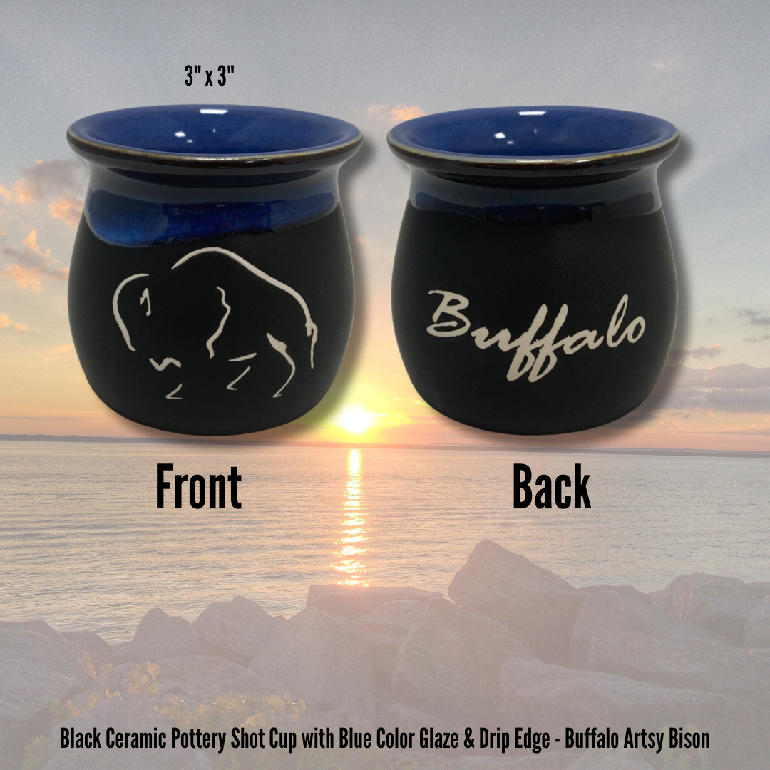 Black Ceramic Pottery Shot Cup with Blue Color Glaze & Drip Edge - Buffalo Artsy Bison