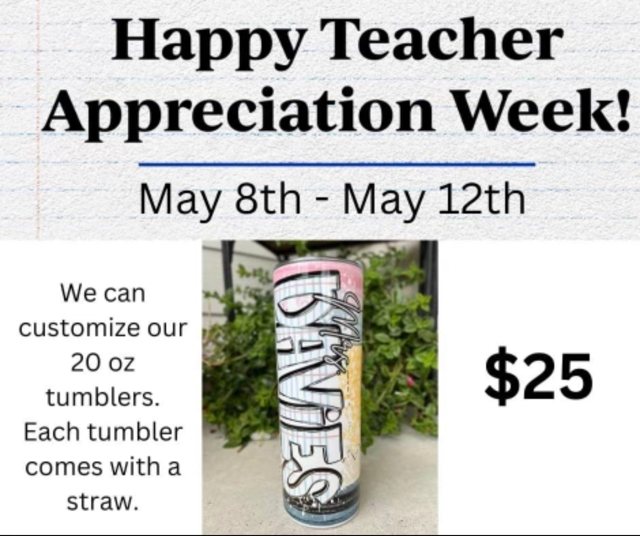 Custom Teacher Tumblers 20oz.