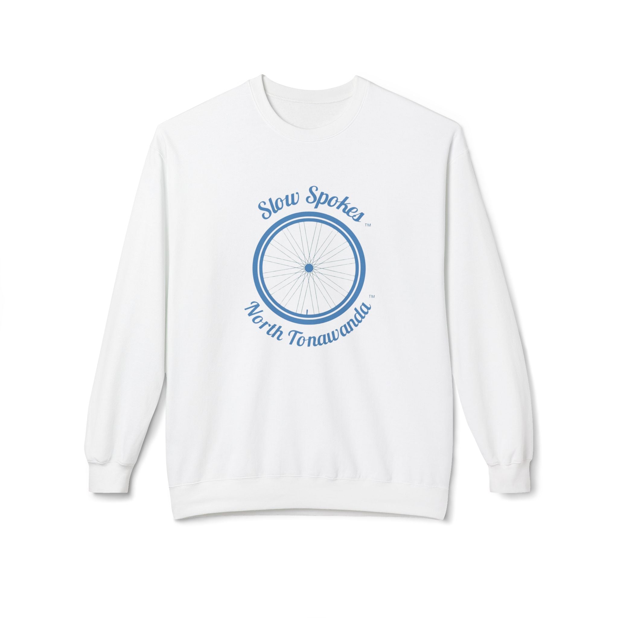 Slow Spokes North Tonawanda Crewneck Sweatshirt — Vintage Bicycle Wheel Graphic