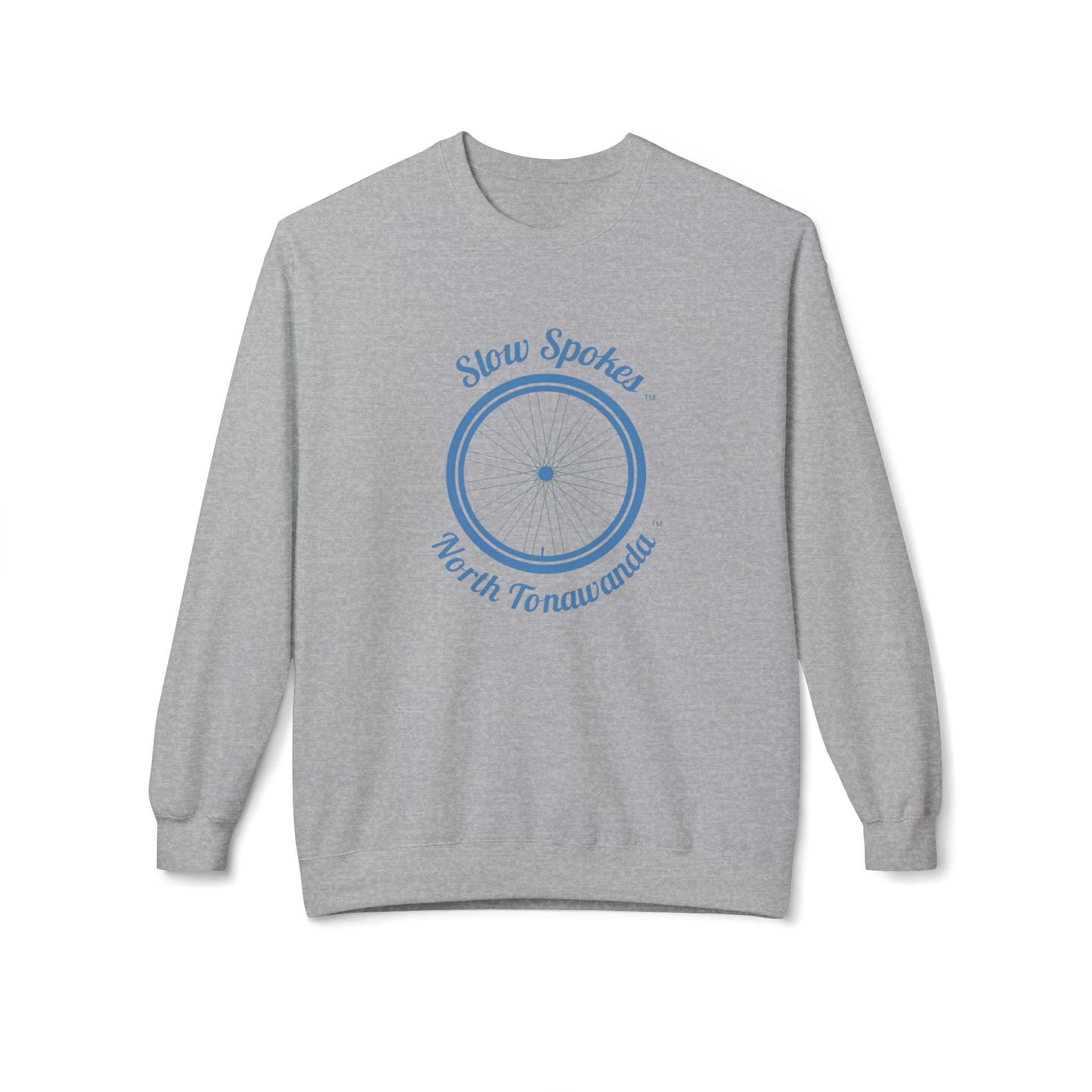 Slow Spokes North Tonawanda Crewneck Sweatshirt — Vintage Bicycle Wheel Graphic