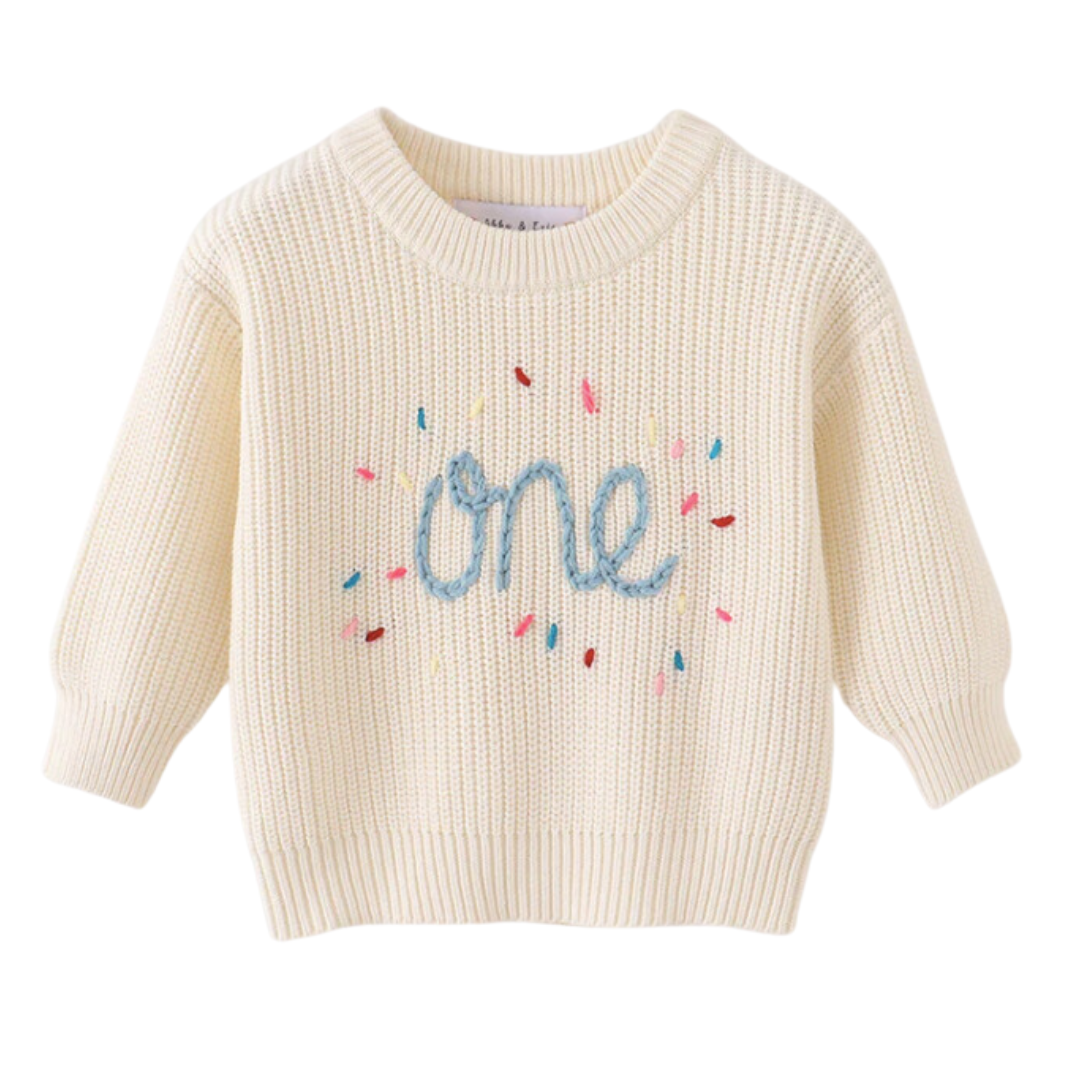 White hand-embroidery one & two pullover sweater