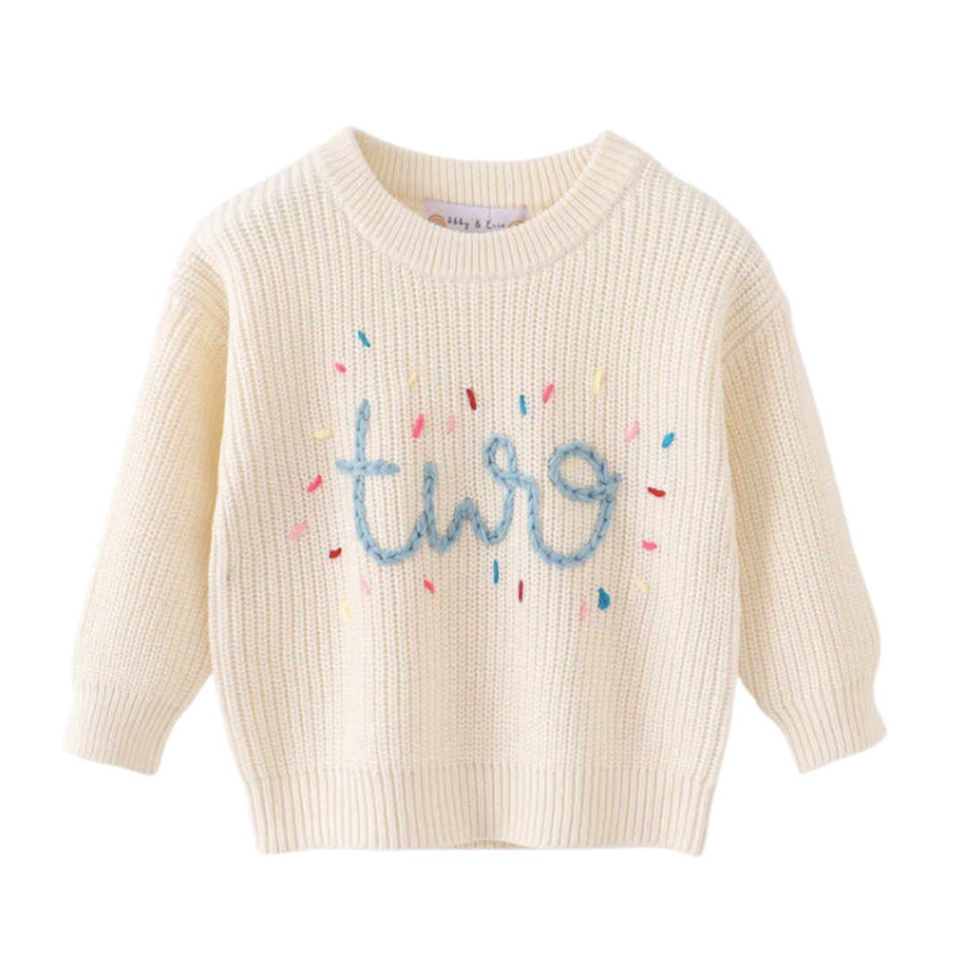 White hand-embroidery one & two pullover sweater