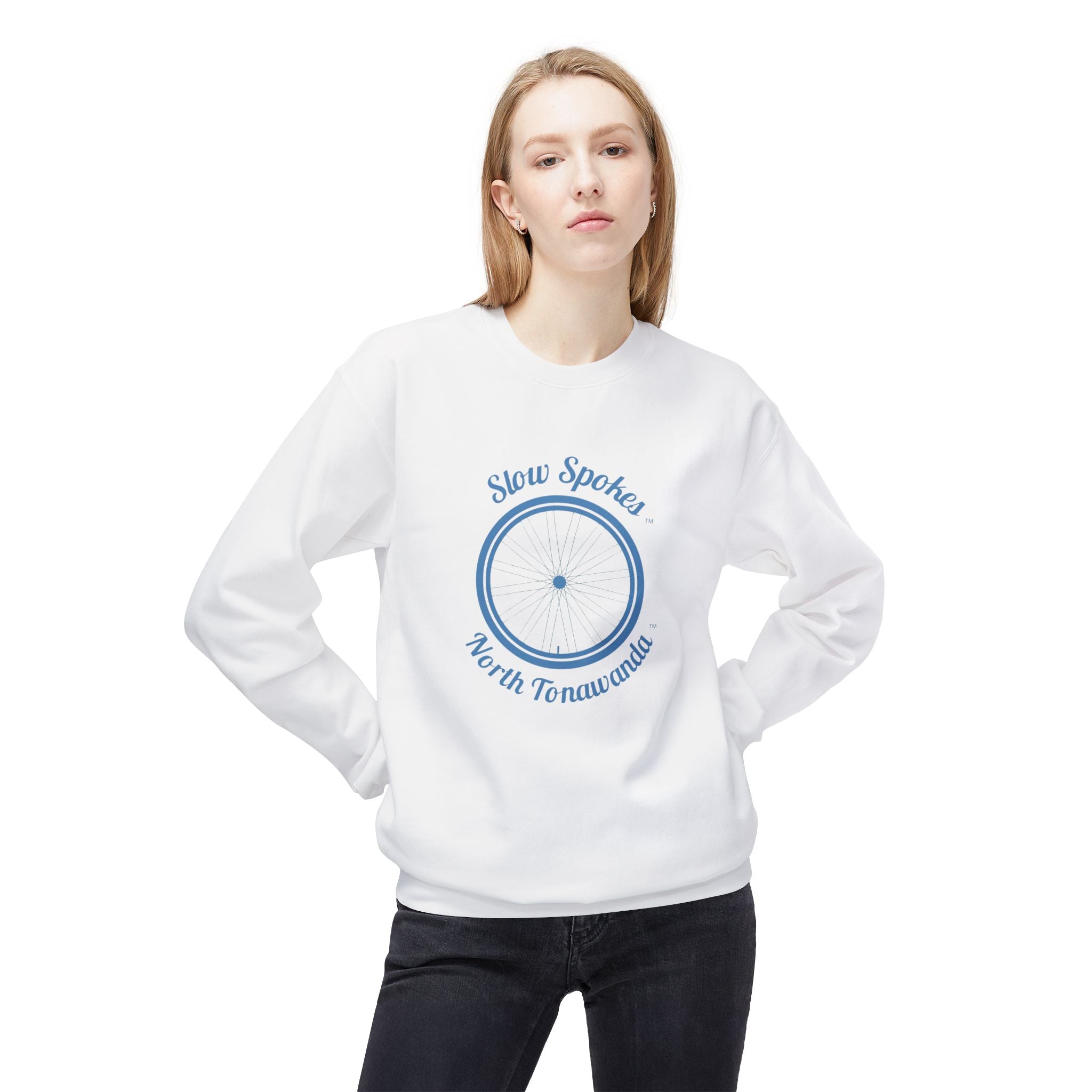 Slow Spokes North Tonawanda Crewneck Sweatshirt — Vintage Bicycle Wheel Graphic