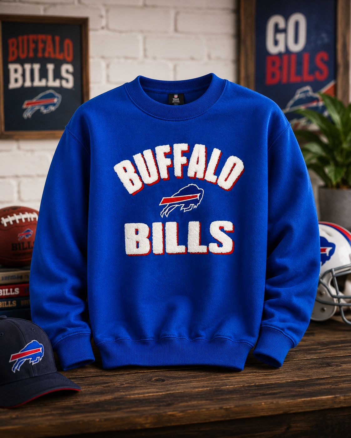 Buffalo Bills Royal Blue Sweatshirt with chenille and embroidery lettering and logo