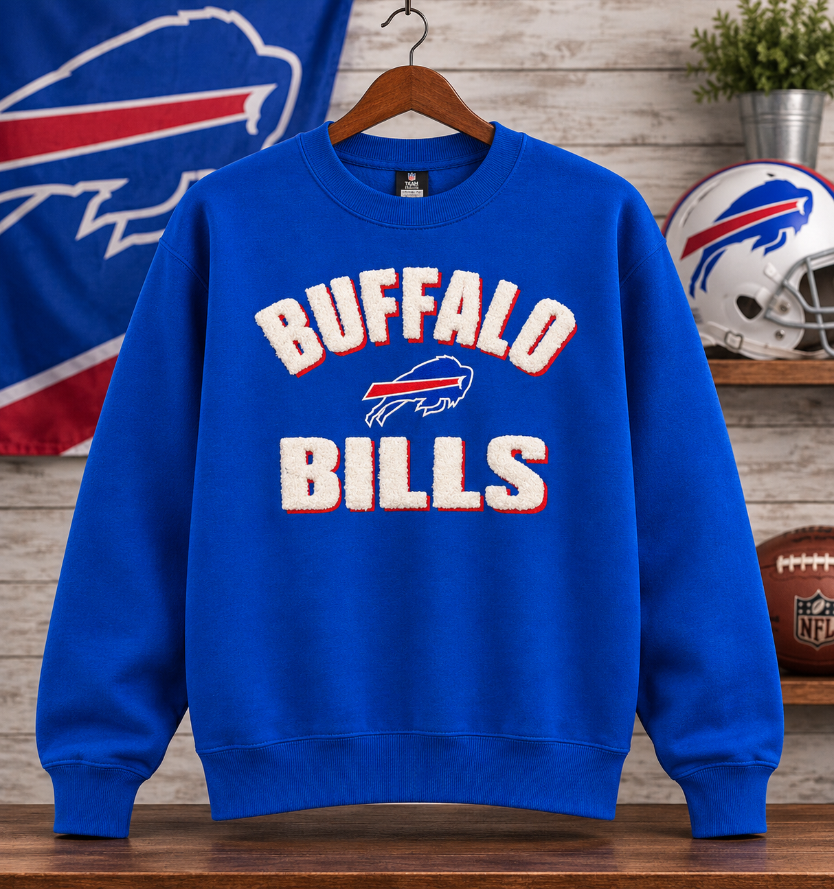 Buffalo Bills Royal Blue Sweatshirt with chenille and embroidery lettering and logo